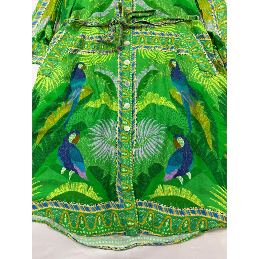Farm Rio Macaw Scarf Chemise Tropical Parrot Green Midi Shirt Dress Belted S - Picture 14 of 14